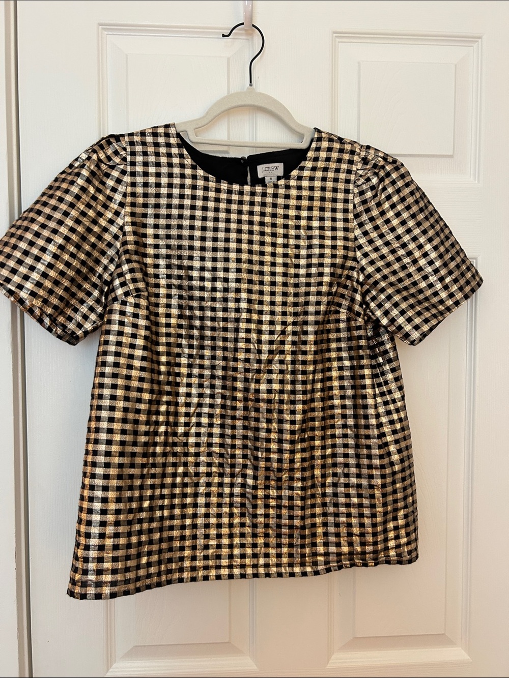 J. Crew Metallic Gold and Black Gingham Short-Sleeve Top